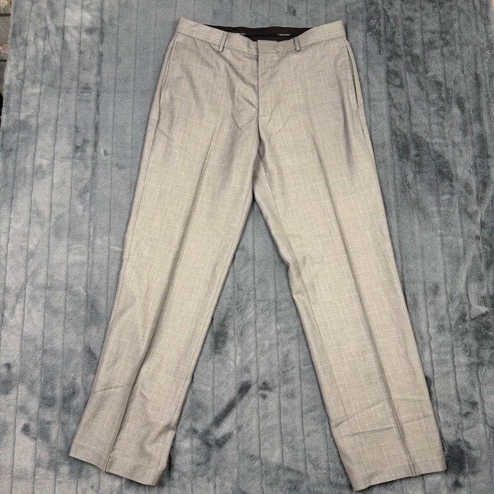 Calvin Klein Mens Gray Glen Plaid Dress Pants Flat Front Straight Leg 32x32